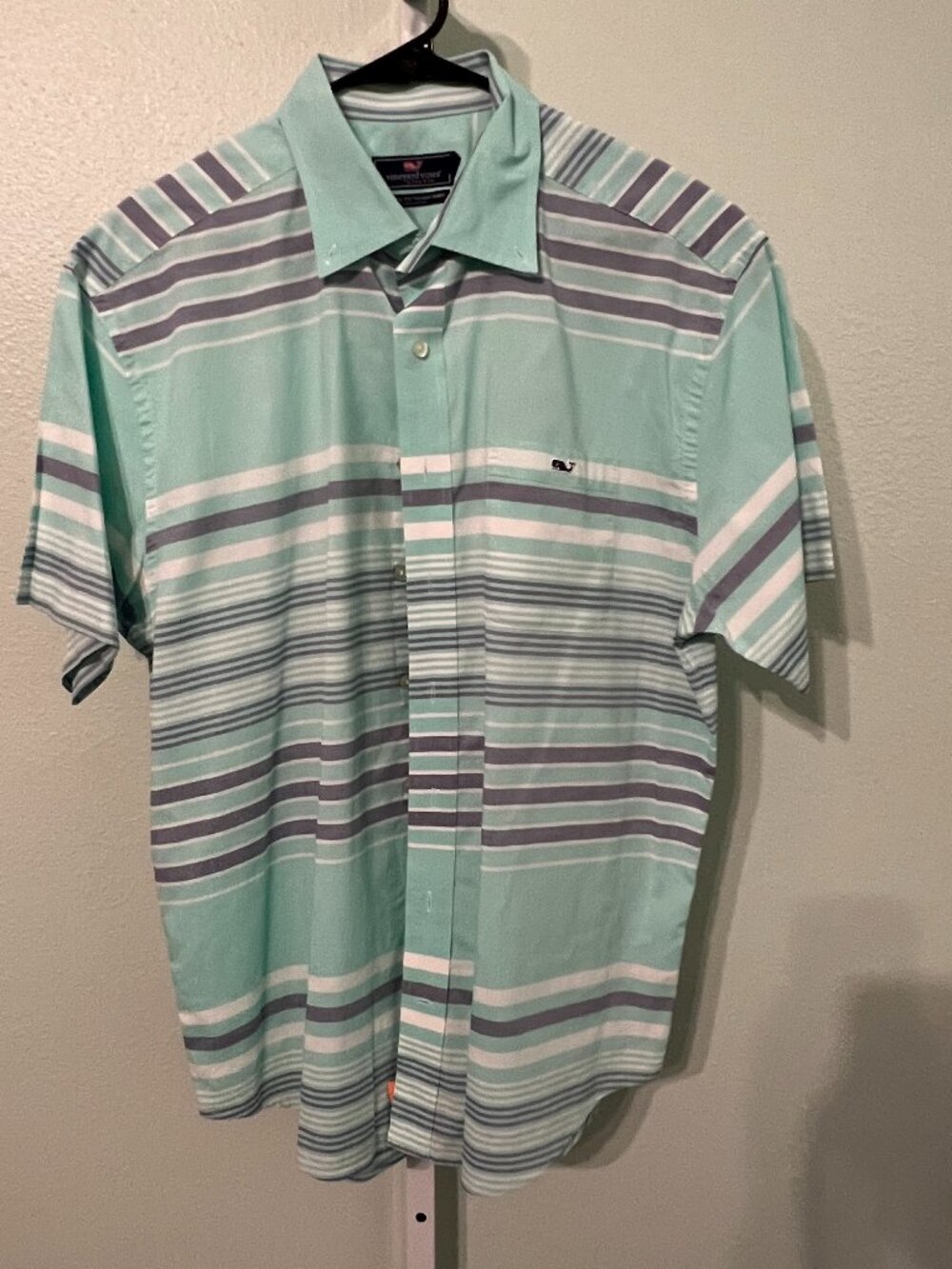 Vineyard Vines Classic Fit Tucker Shirt Mint-Green w Stripes Short-Sleeve SZ Lrg
